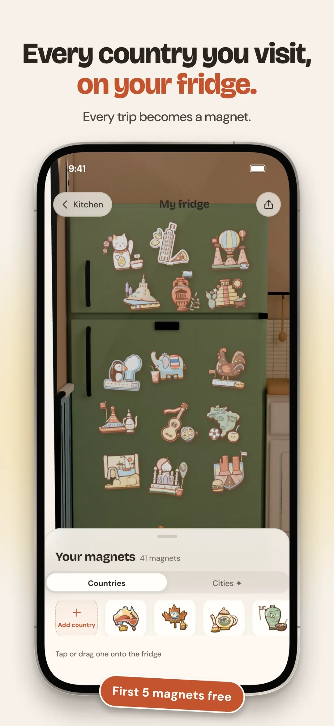 Every country you visit, on your fridge: the fridge door with country magnets