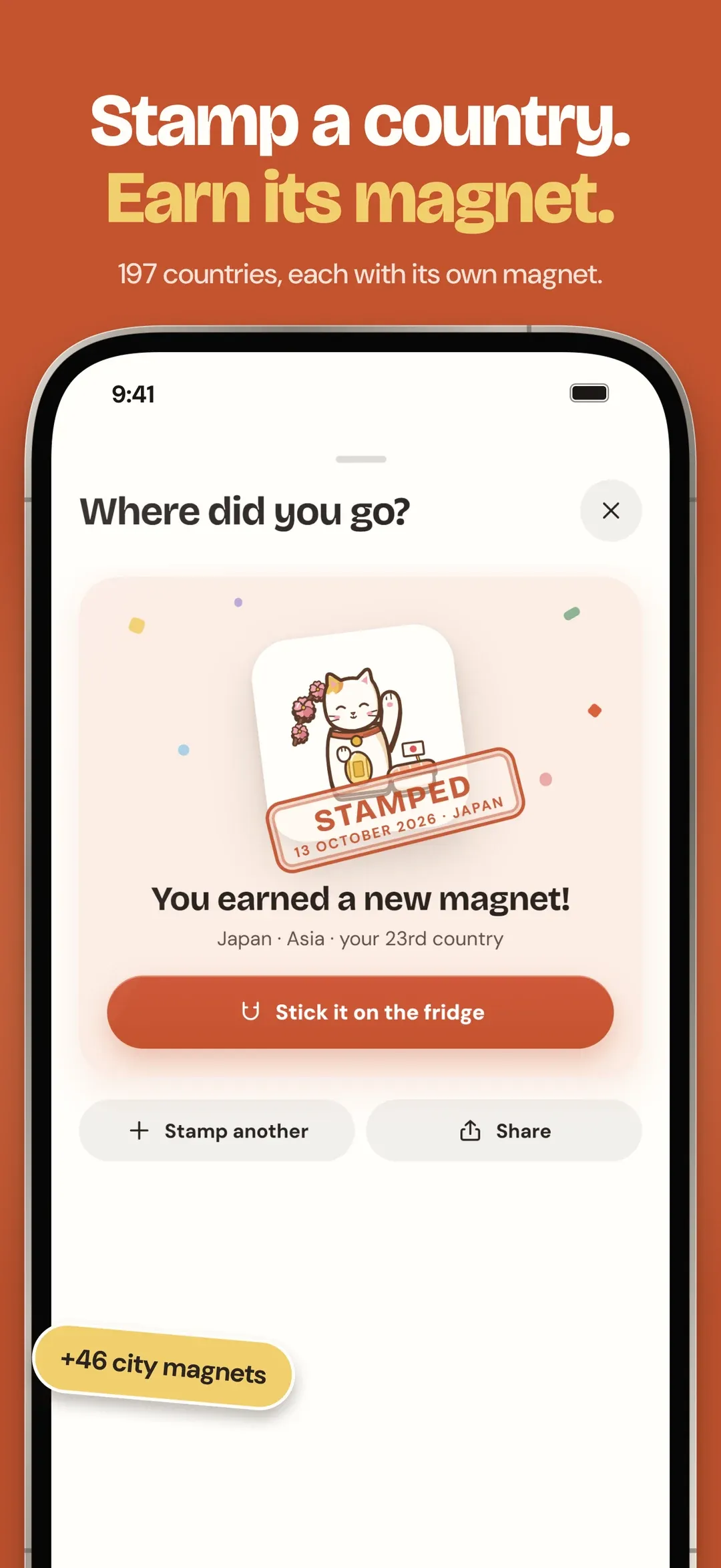 Stamp a country, earn its magnet: the stamp screen with Japan's magnet