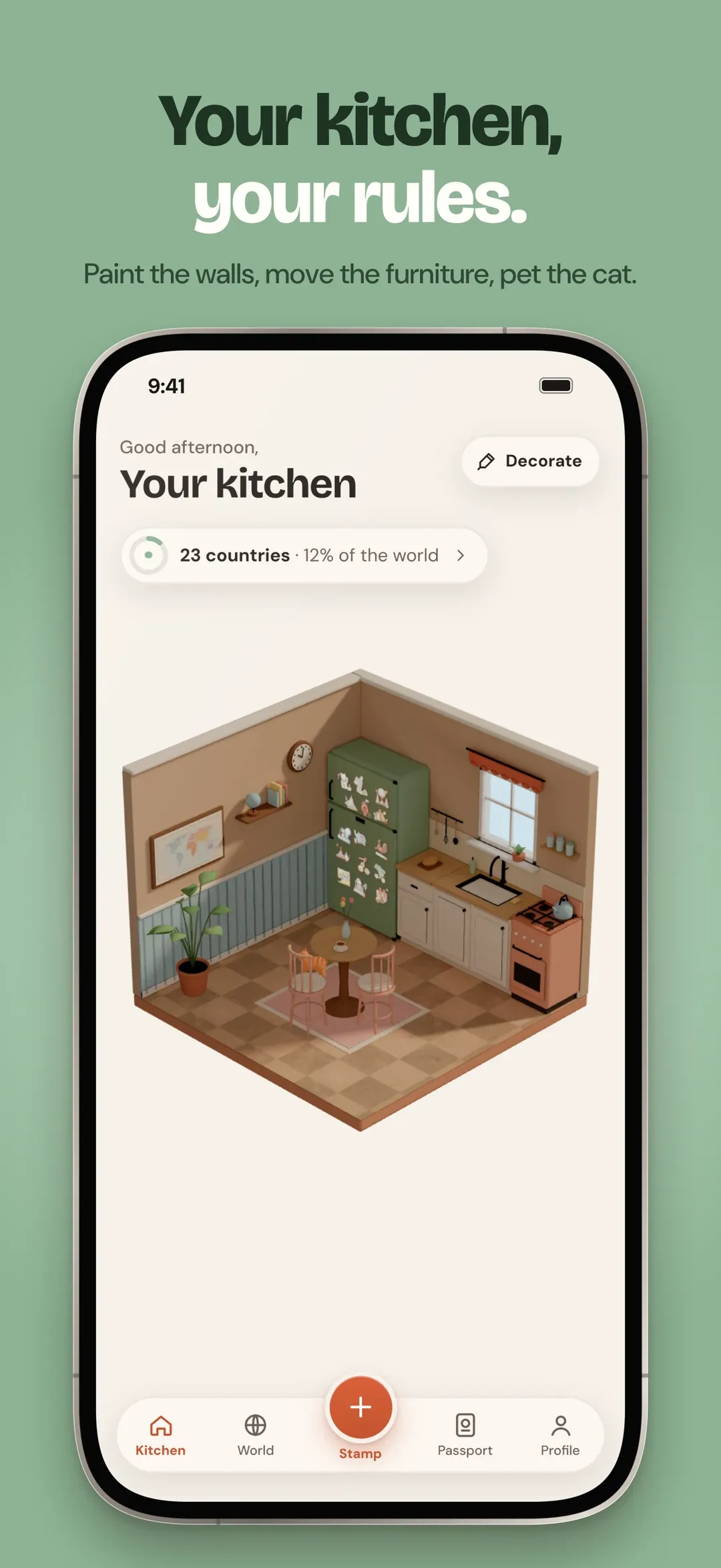 Your kitchen, your rules: the 3D kitchen with the fridge and a cat