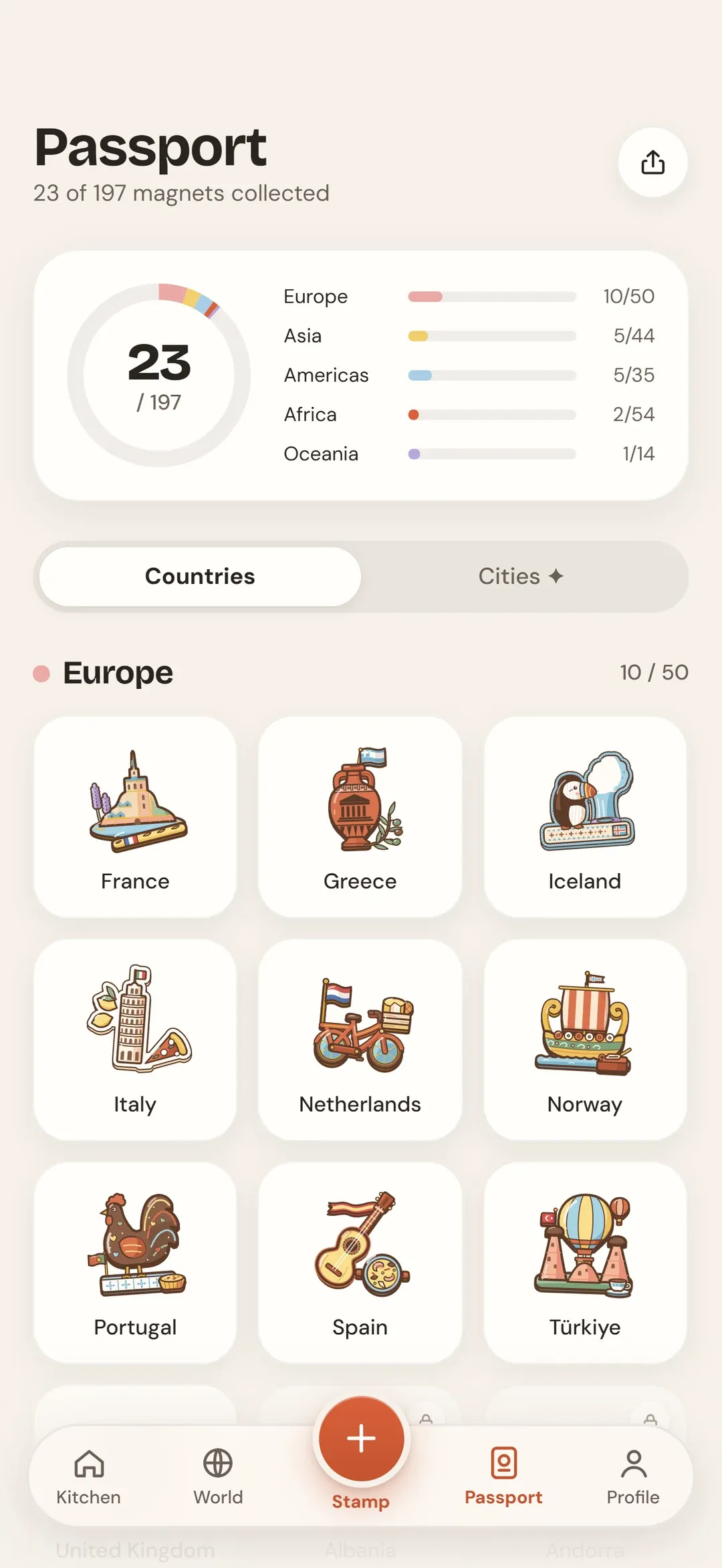 The passport screen: 23 of 197 magnets collected, listed by continent