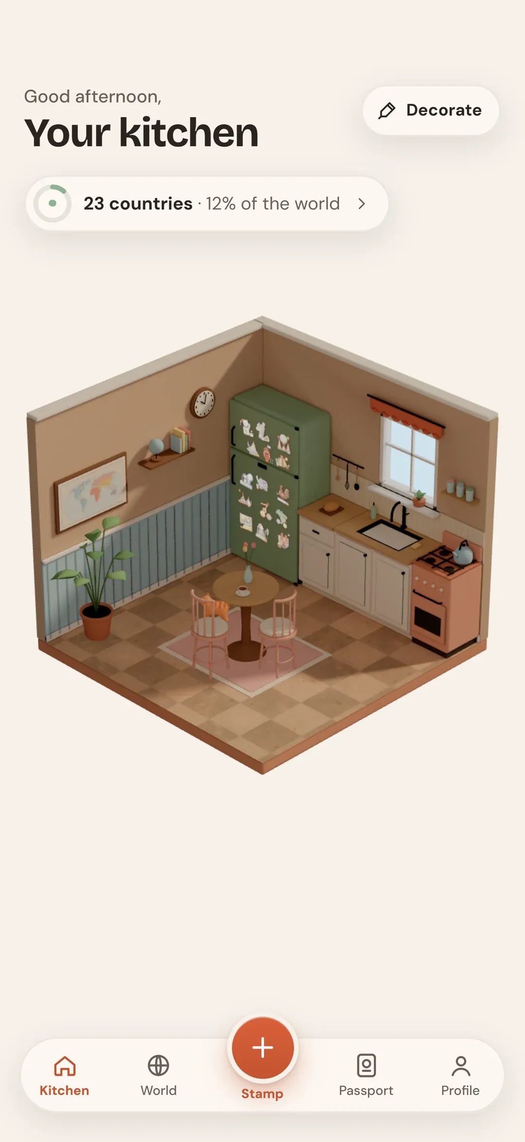 The 3D kitchen in maglo: a green fridge with magnets, a table and chairs, a window, and a ginger cat on the floor