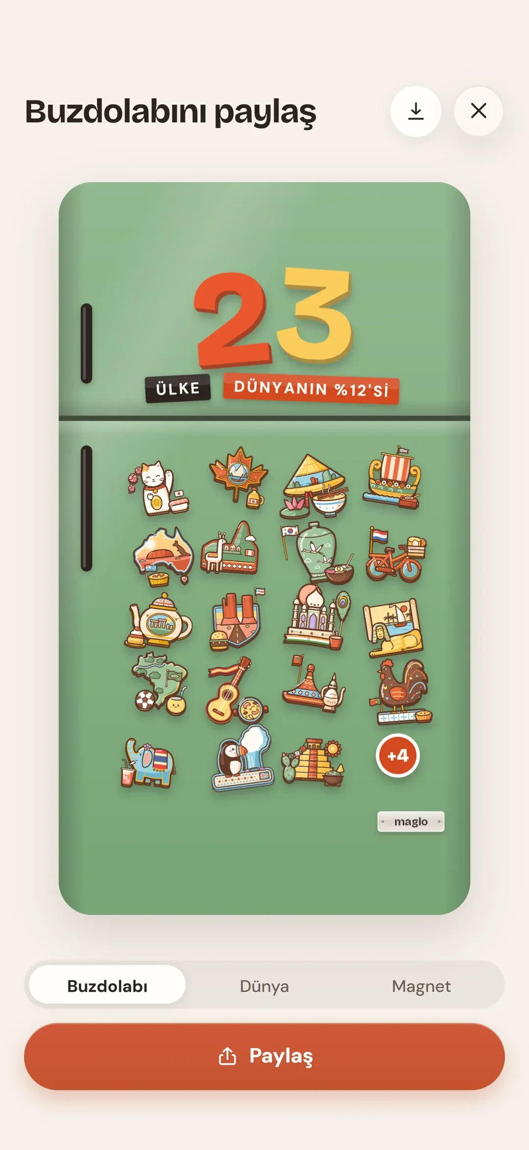 Paylaşım kartı: üstünde büyük bir "23", "ülke" ve "dünyanın %12'si" yazıları ve magnet sıraları olan yeşil buzdolabı kapısı