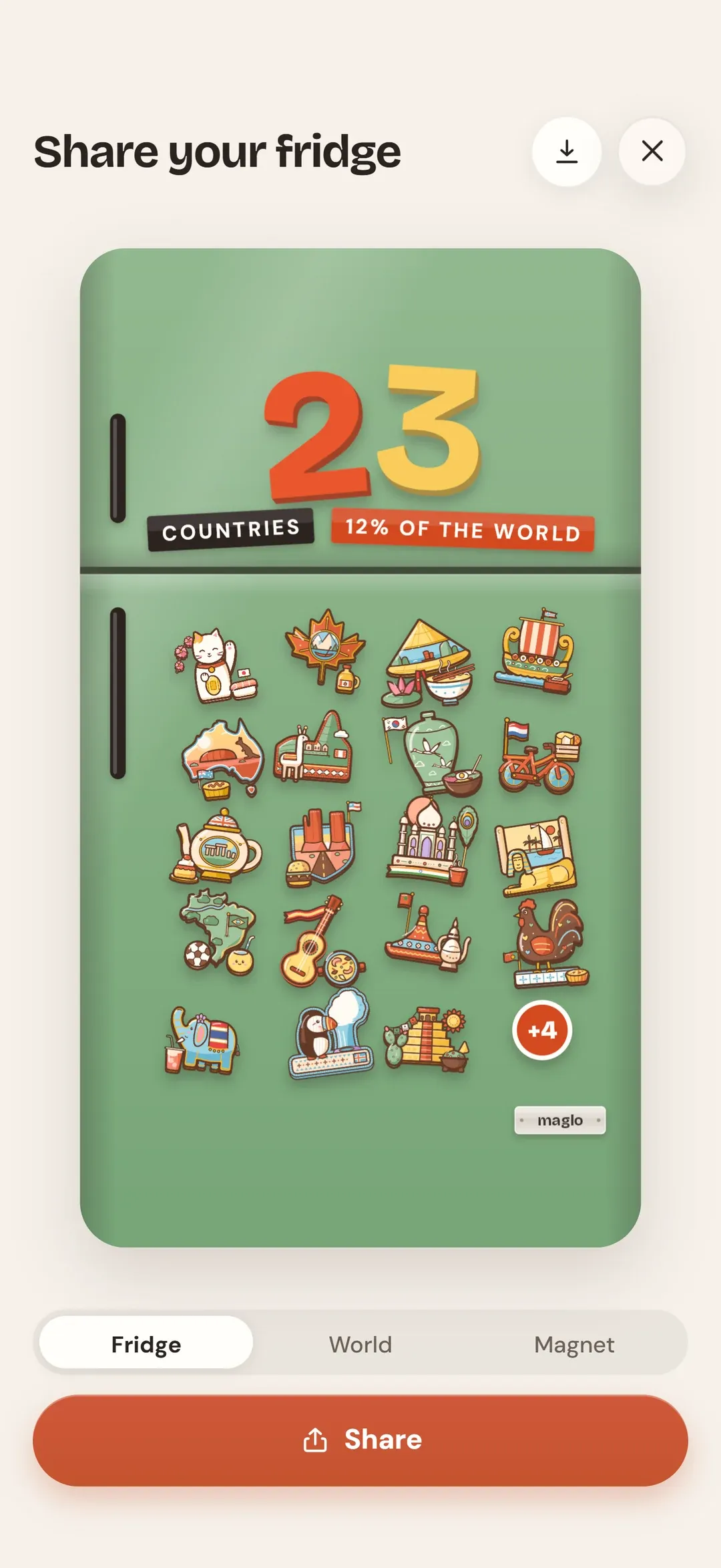 The share card: a green fridge door with a large "23", the words "countries" and "12% of the world", and rows of magnets