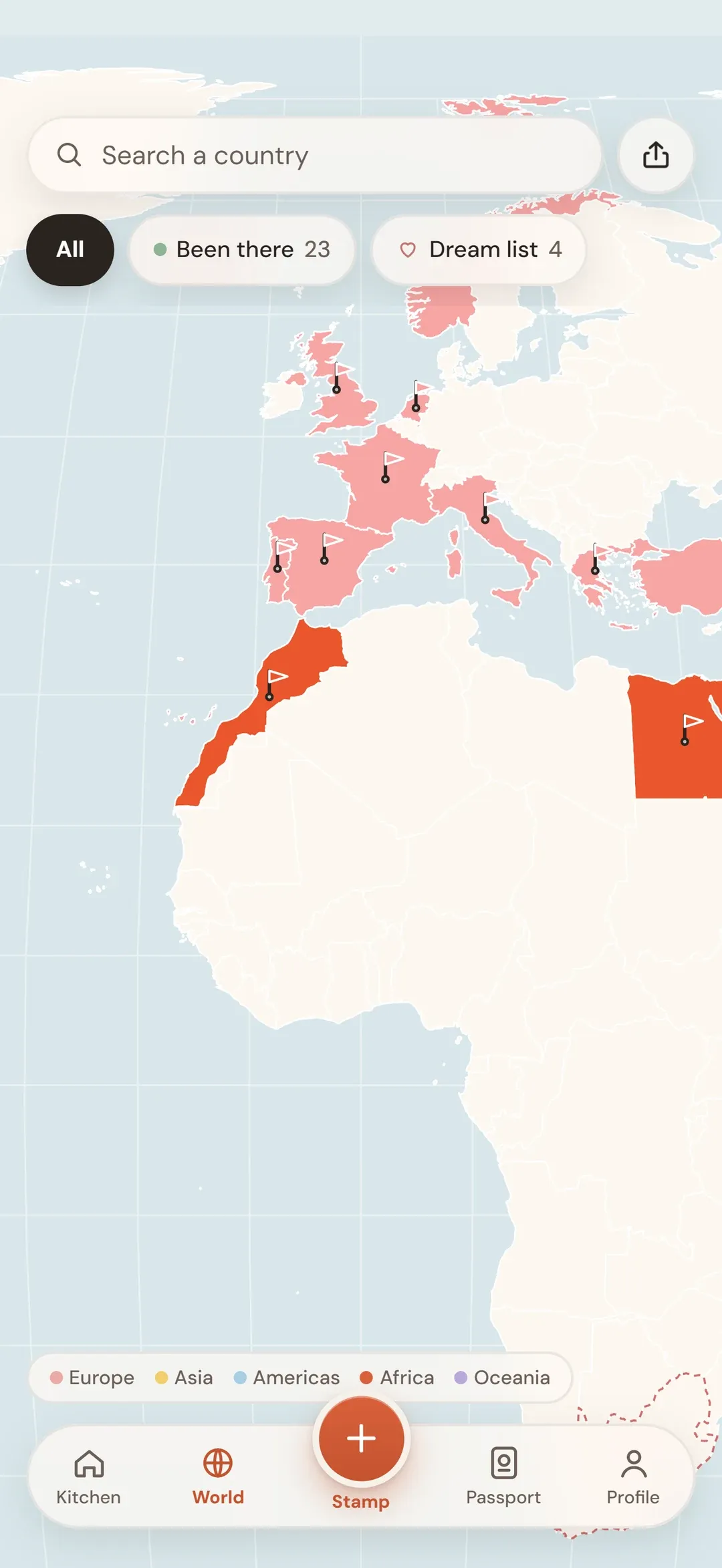 The world map in maglo with visited countries in Europe and Africa painted in colour